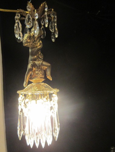 Cherub SWAG plugin lámpara candelabro metal tono dorado vidrio bobeche prismas transparentes - Imagen 9 de 12