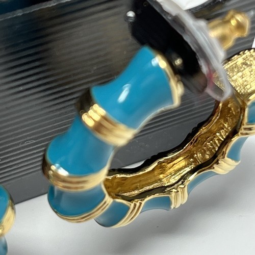 Kenneth Jay Lane Enameled Bamboo Earrings Pierced Ears Gold Tone Blue Teal KJL - Picture 4 of 5