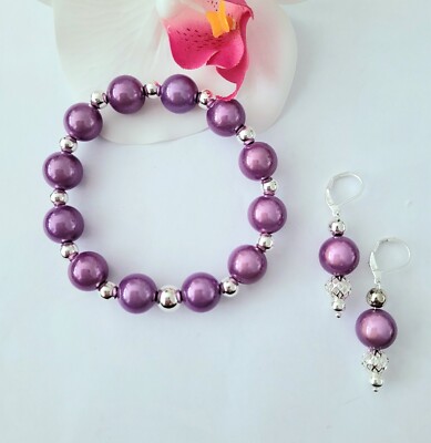 Sylvie's Magic Beads 3D Perlen 12mm Armband 19 cm + Ohrringe lila silber /0152