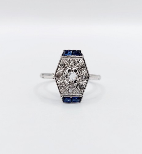 Anillo marquesa art deco oro blanco 18k diamante talla rosa zafiro calibrados... - Imagen 2 de 9