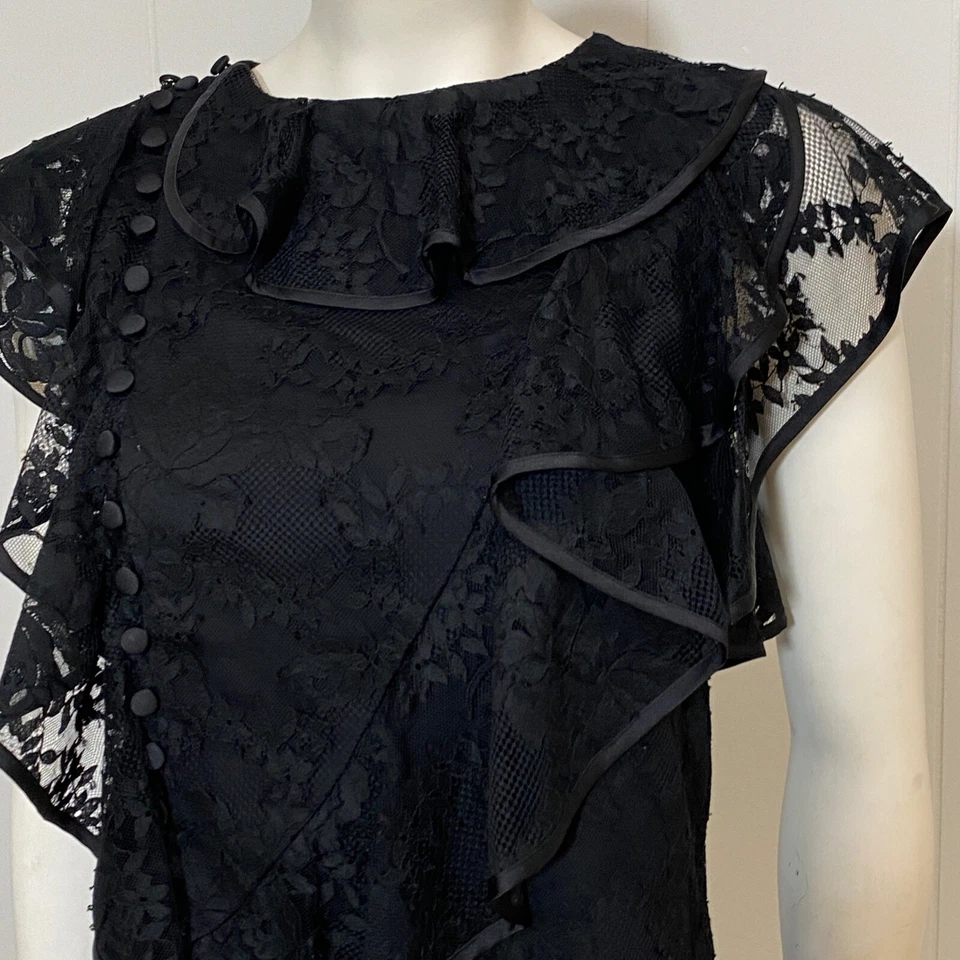 Erdem x HM Lace Ruffle Flounces Top Womens XS Black Cotton Floral Buttons Blouse - Image 4 of 4
