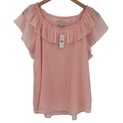 Loft Clip Dot Ruffle Shell Blouse Top Short Cap Sleeves Pink Women Large NWT