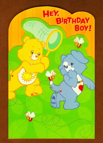 Care Bears Birthday Card for Boy, Sunshine Bear, Loyal Heart Dog Chasing Bees