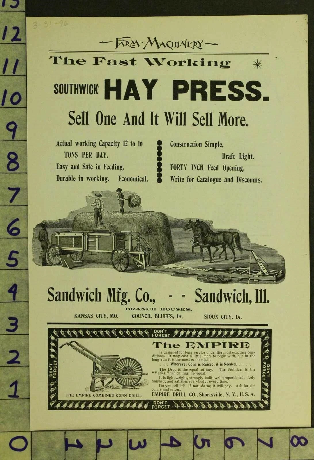 1896 AG FARM MACHINE SANDWICH ILL HAY PRESS EMPIRE DRILL SHORTSVILLE AD RR52