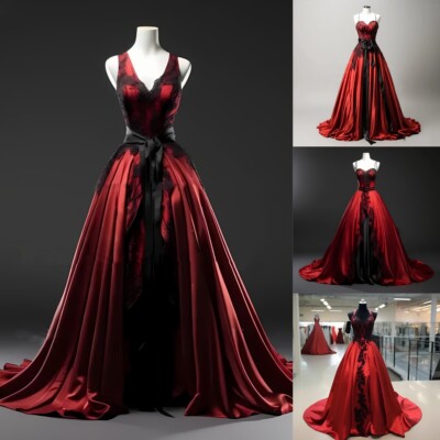 Gothic Wedding Dresses Vintage Black and Red Sleeveless Satin V Neck Bridal Gown