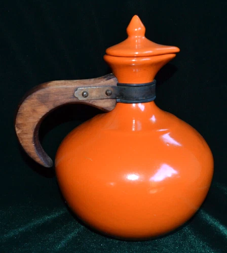 Bauer Pottery PLAINWARE Orange Coffee Server Carafe with Lid Wood Handle Vintage