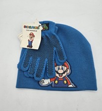 Super Mario Nintendo 2pc Youth Kids Beanie Winter Hat Glove Set Blue Red New