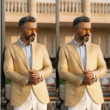 Beige Linen Men's Suits Summer Beach Wedding Tuxedo Outdoor Casual Two Pieces