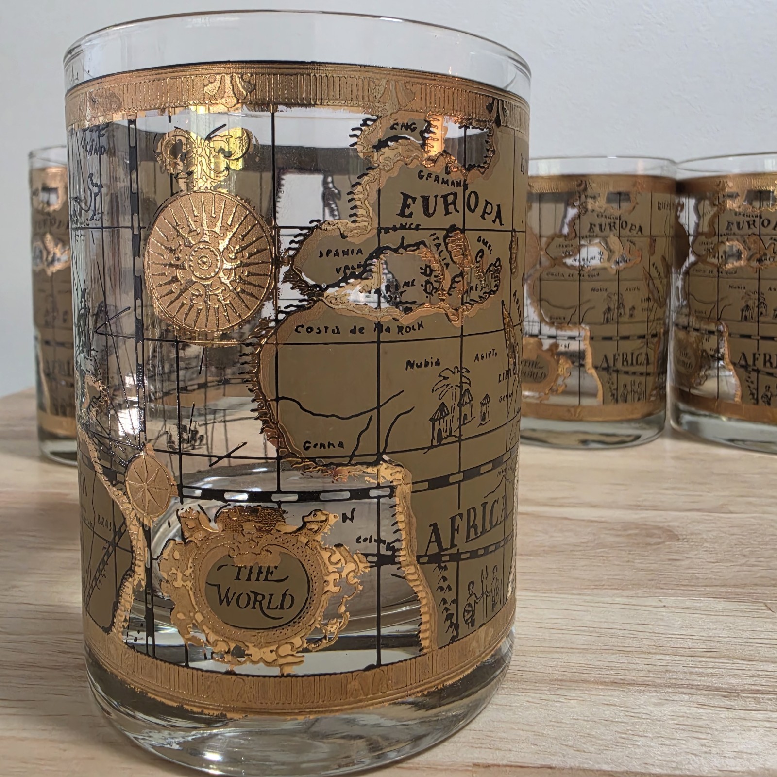 6 VTG Mid Century Cera 22K Gold World Atlas Maps Double Old Fashioned Glasses