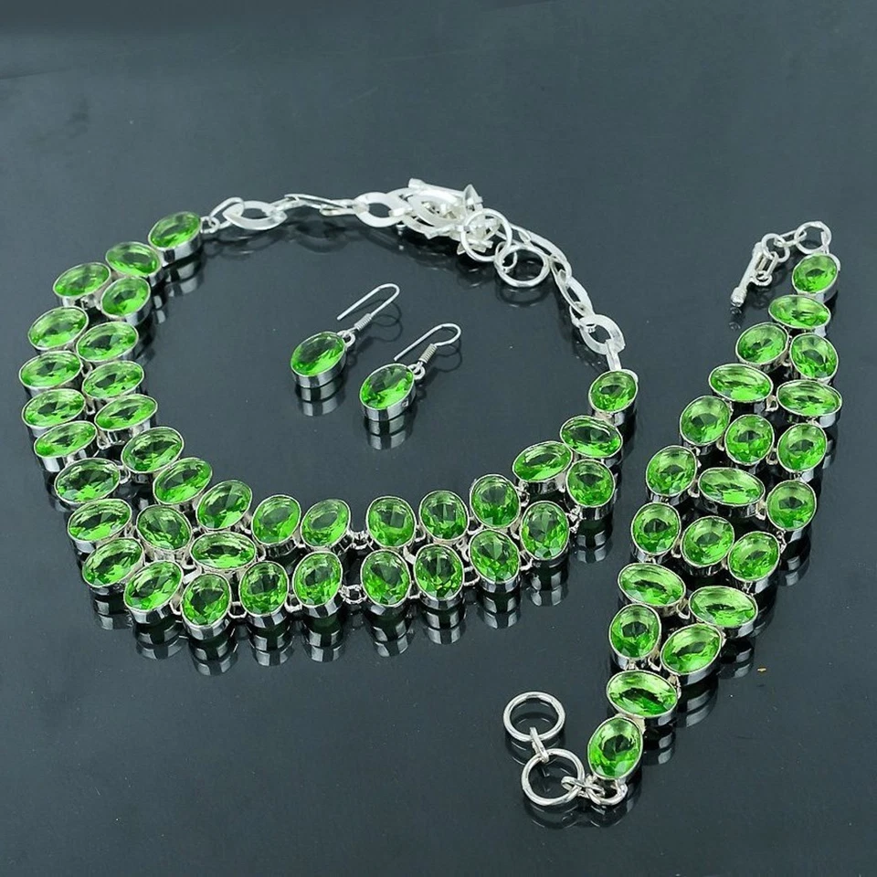 Conjunto de collar de joyería de regalo de compromiso hecho a mano con piedras preciosas de forma ovalada de amatista verde Foto 4 de 4