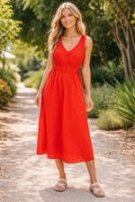 Faherty Sandbar Organic Cotton Midi Dress Red Smocked Waist Side Tie Pockets XL