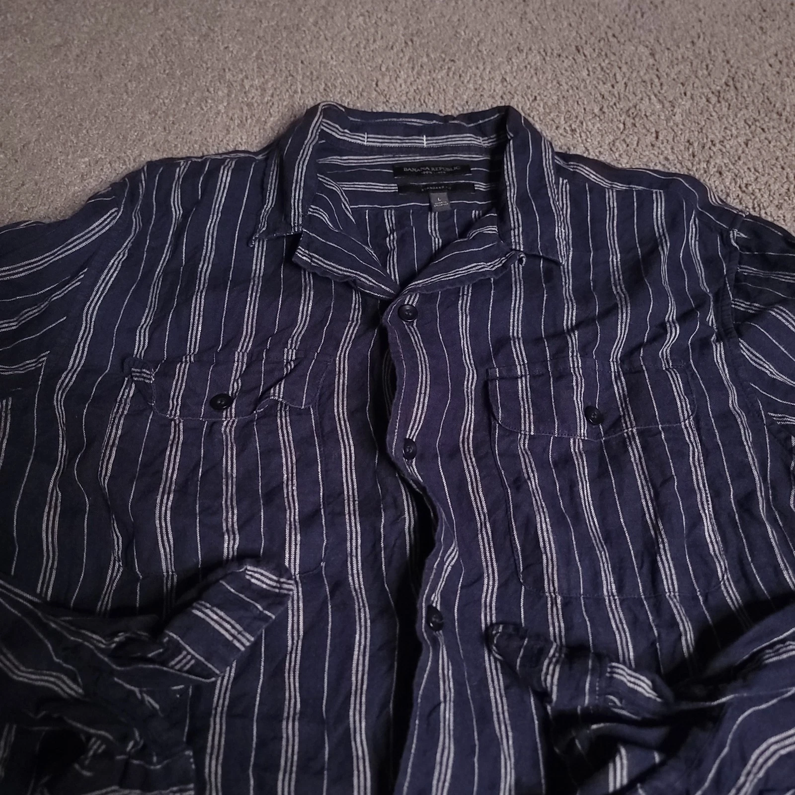 Banana Republic Linen Standard Fit Shirt Mens L Navy Blue Striped Long Sleeve
