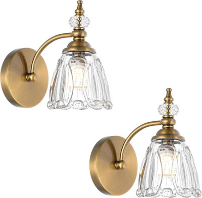 Vintage Brass Wall Sconces Set of 2 - Brushed Gold Glass Light Fixtures