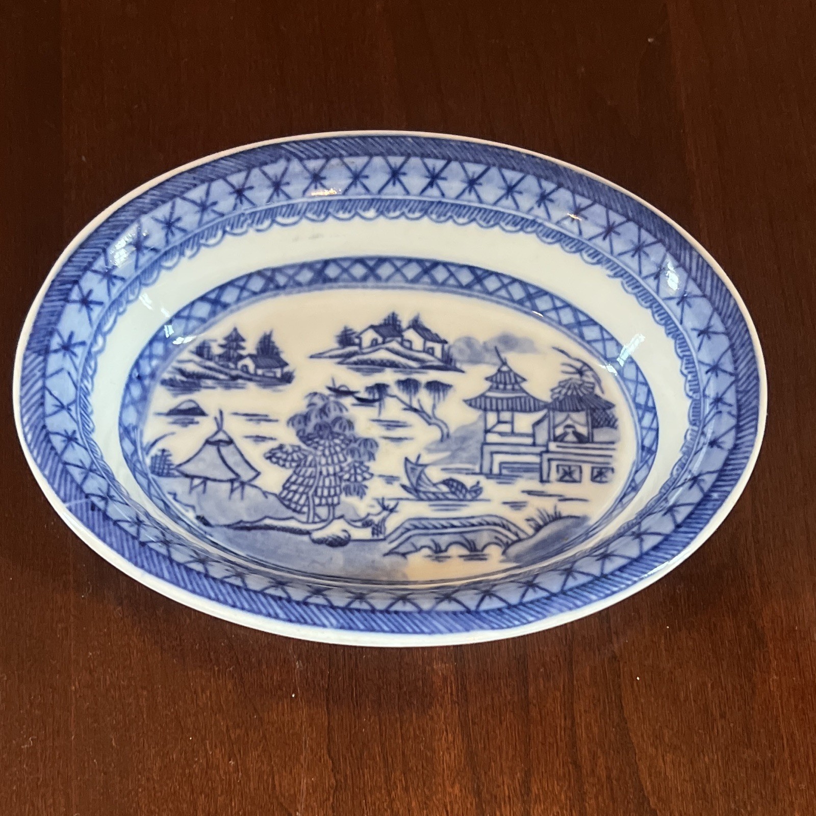 Greenwood England Blue & White Scenic Oval Ceramic Dish Glossy Printed Backstamp