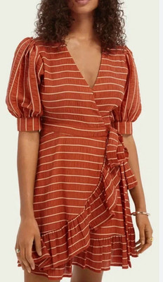 Women's Scotch & Soda striped wrap dress, ruffled detail, balloon sleeves,size S