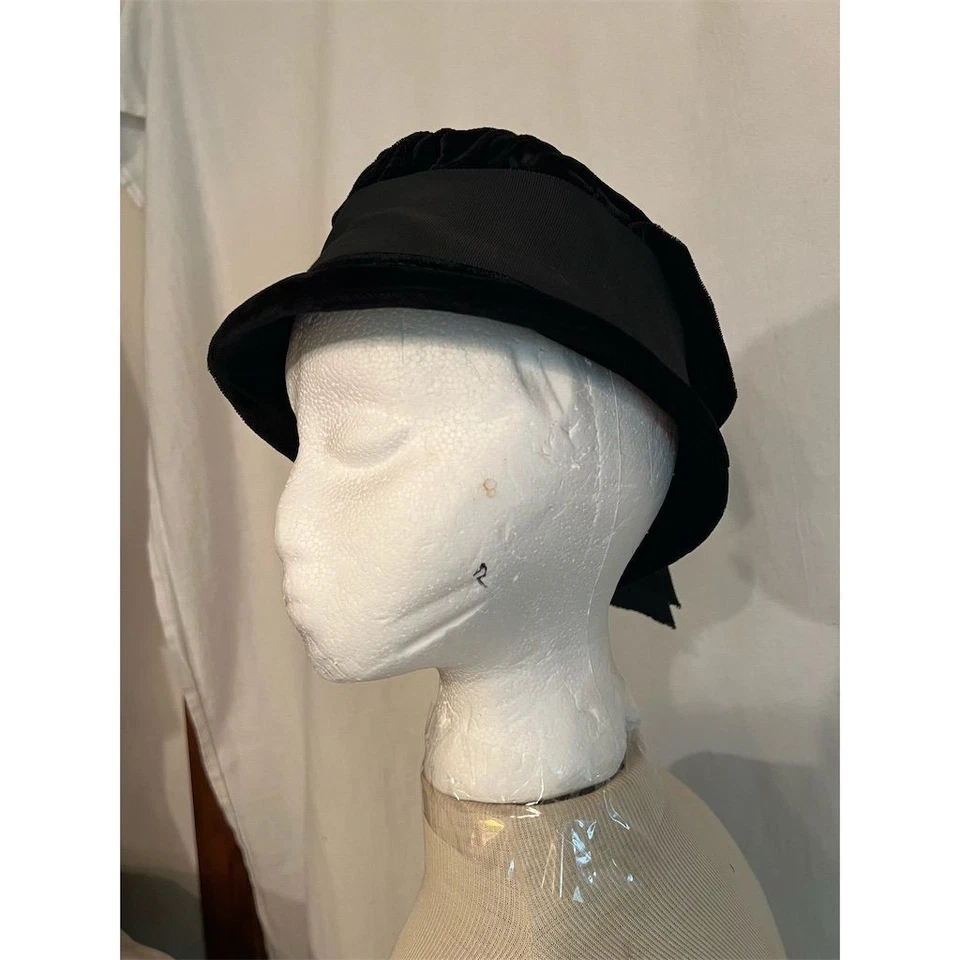 复古 union 制造黑色天鹅绒 Cloche 帽子 缎面带 蒸汽朋克 美国奇思索 罕见 — 第 3/4 张图片
