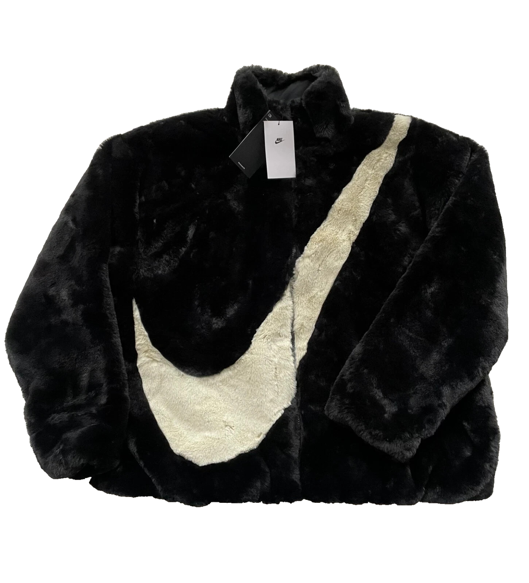 Nike Sportswear Womens Black Fossil Faux Fur Full Zip Jacket Size