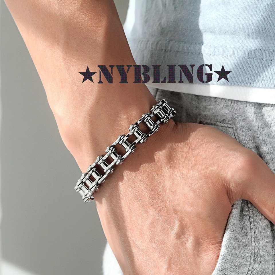 Men's 14mm Solid Stainless Steel Bike Chain Bracelet - Motorcycle Design Jewelry With Fold Over Clasp