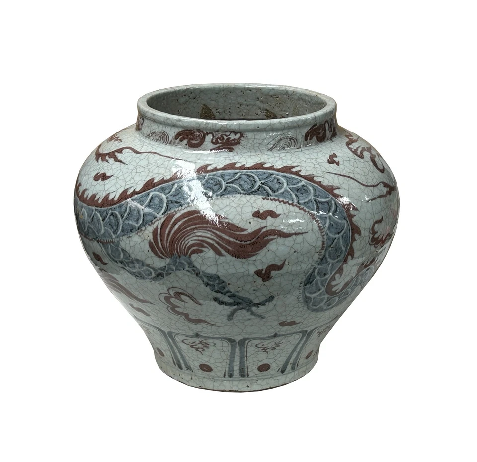 Jarrón de cerámica oriental blanco roto base craquelada dragón rojo azul arte ws4658 Foto 3 de 4