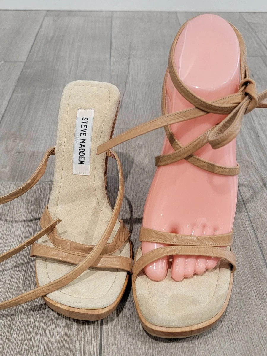 STEVE MADDEN Tan Leather Strappy Ankle Tie Platform Wooden Wedge