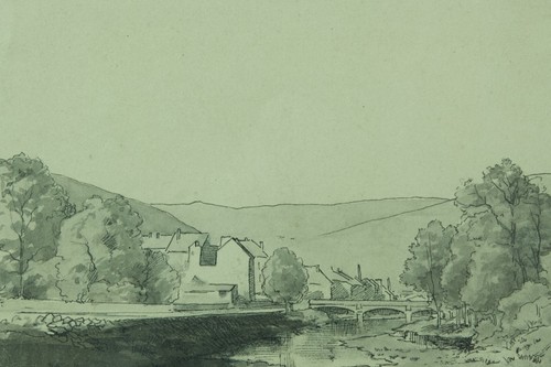 Ancien Dessin Gabriel Guerin Bourbonne-les-Bains vue animé rivière pont 1900 - Photo 2/5