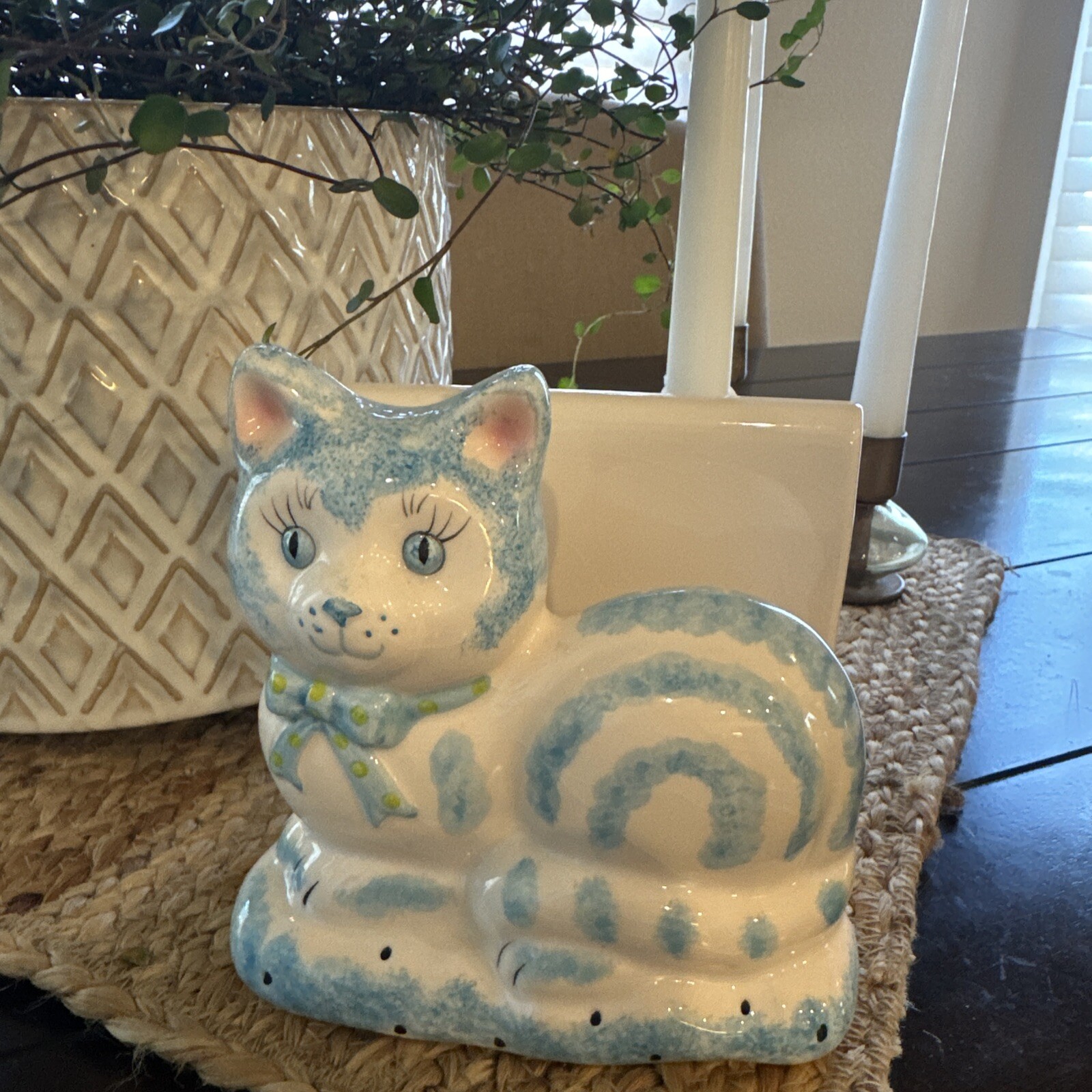 Vtg ceramic cat napkin holder Puuurfect Cat Lover Home Sponged Blue Ceramics