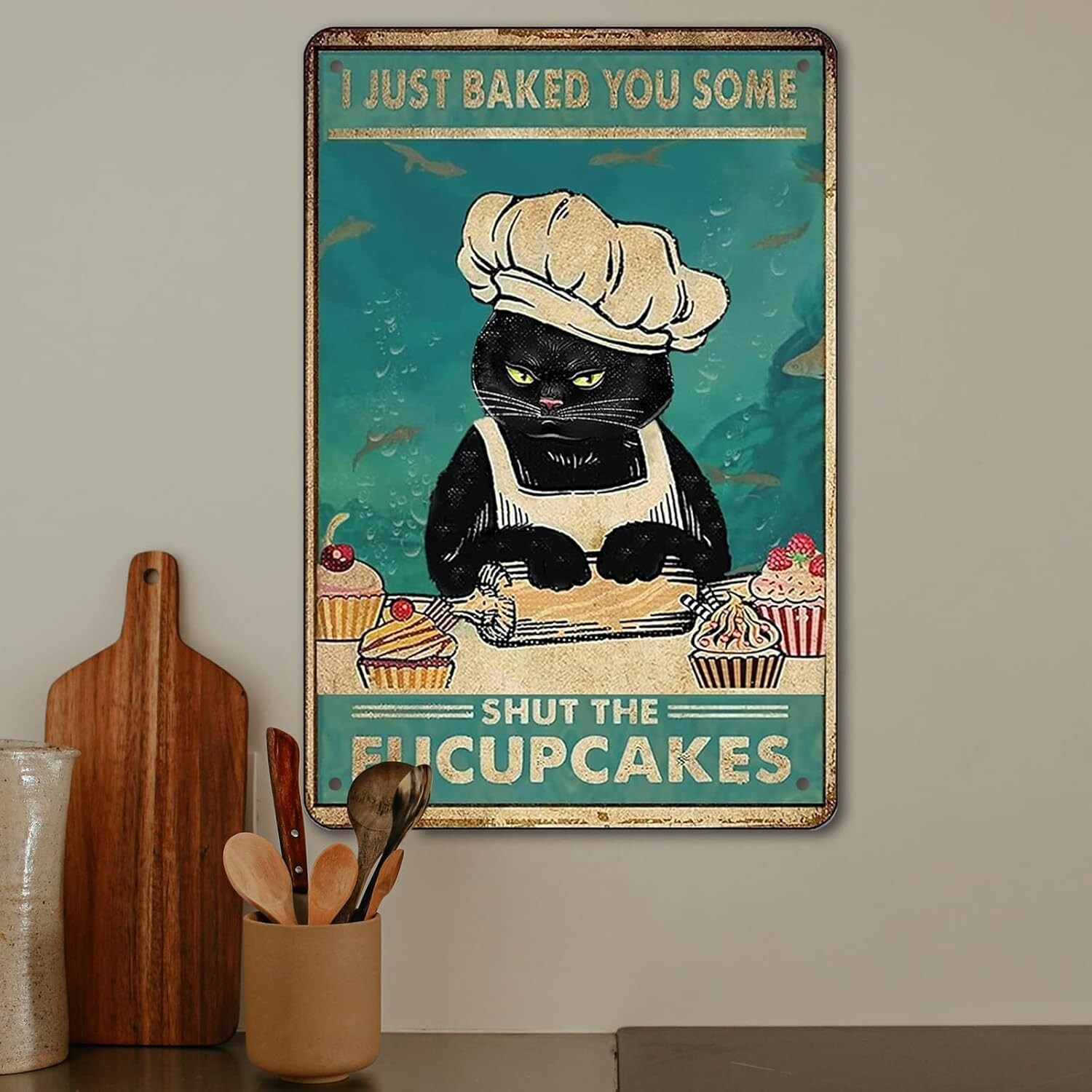Funny Retro Cat Bakes Cakes Metal Tin Sign Vintage Kitchen Coffee Bar Wall Art