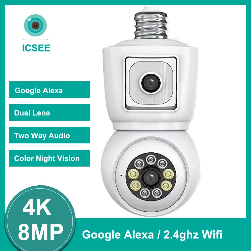 4K 8MP E27 Bulb Camera with Dual Lens, Screen, Auto Tracking, 2-Way Audio