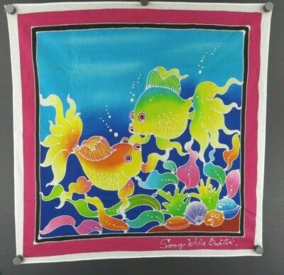 LRG THAILAND 22'' x 22'' hand-painted BATIK PANEL GOLD FISH #39 VIBRANT SUPERB