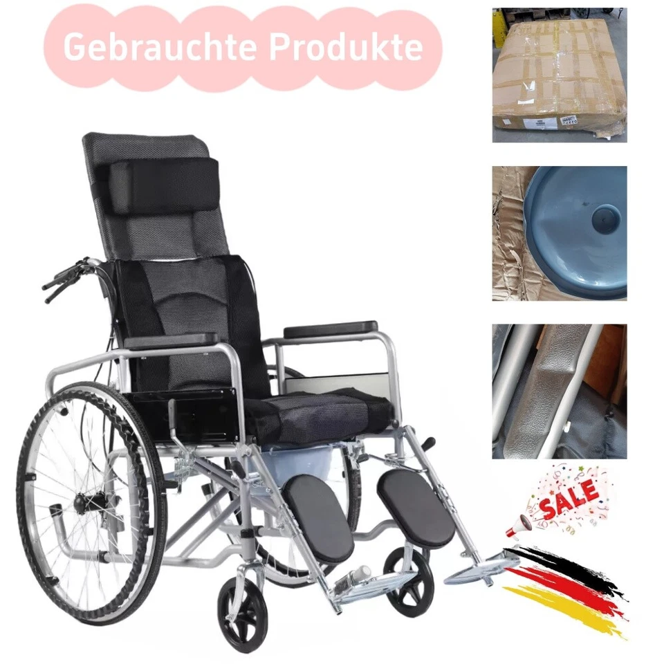 Sedia a rotelle pieghevole, Sedia Comoda WC per Anziani, Schienale Regolabile - Immagine 2 di 4