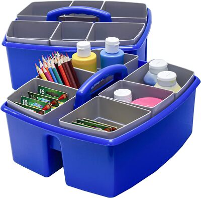 Storex Large Classroom Craft Caddy with Cups, 13 x 11 x 6.575 Inches, Blue 