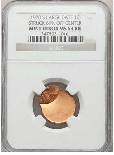 ER017 1970-S 1C Large Date, Lincoln Cent -- Struck 60% Off Center -- NGC MS64 RB