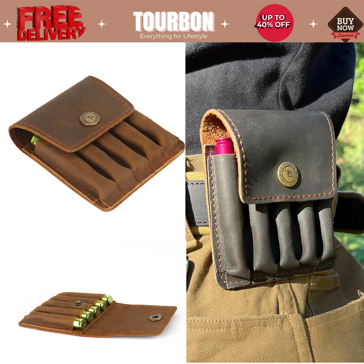 Tourbon Leather Rifle Bullets Pouch Cartridges Carry 30-06,45-70