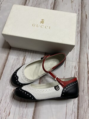 Gucci Girls US 13 EU 31 Black Red White Flats Strap Buckle Closure Italy wingtip