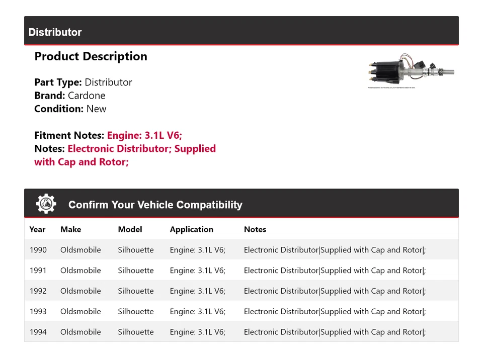 Для 1990-1994 Oldsmobile силуэт 3.1L V6 дистрибьютор Cardone 1991 1992 1993 - Изображение 2 из 4