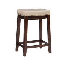 Claridge Backless Faux Leather Nailhead Saddle Counter Height Barstool Beige