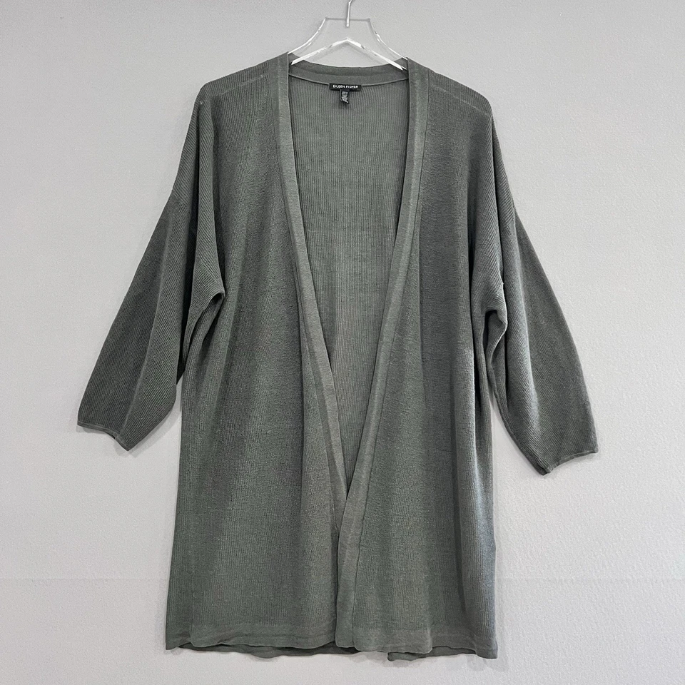 Eileen Fisher Cardigan Womens XL Gray Open Front 3/4Sleeve Linen Blend Lightweig - Image 2 of 4