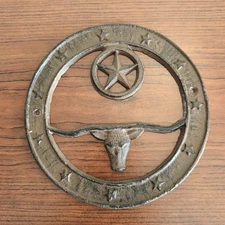 Western Style Cast Iron Wall PlaqueTexas Longhorn Cowboy Rodeo Barn Horse Design