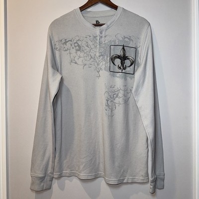 Destruction Shirt L Gray Graphic Print  Fleur De Lis  Script Waffle Knit ***PICS