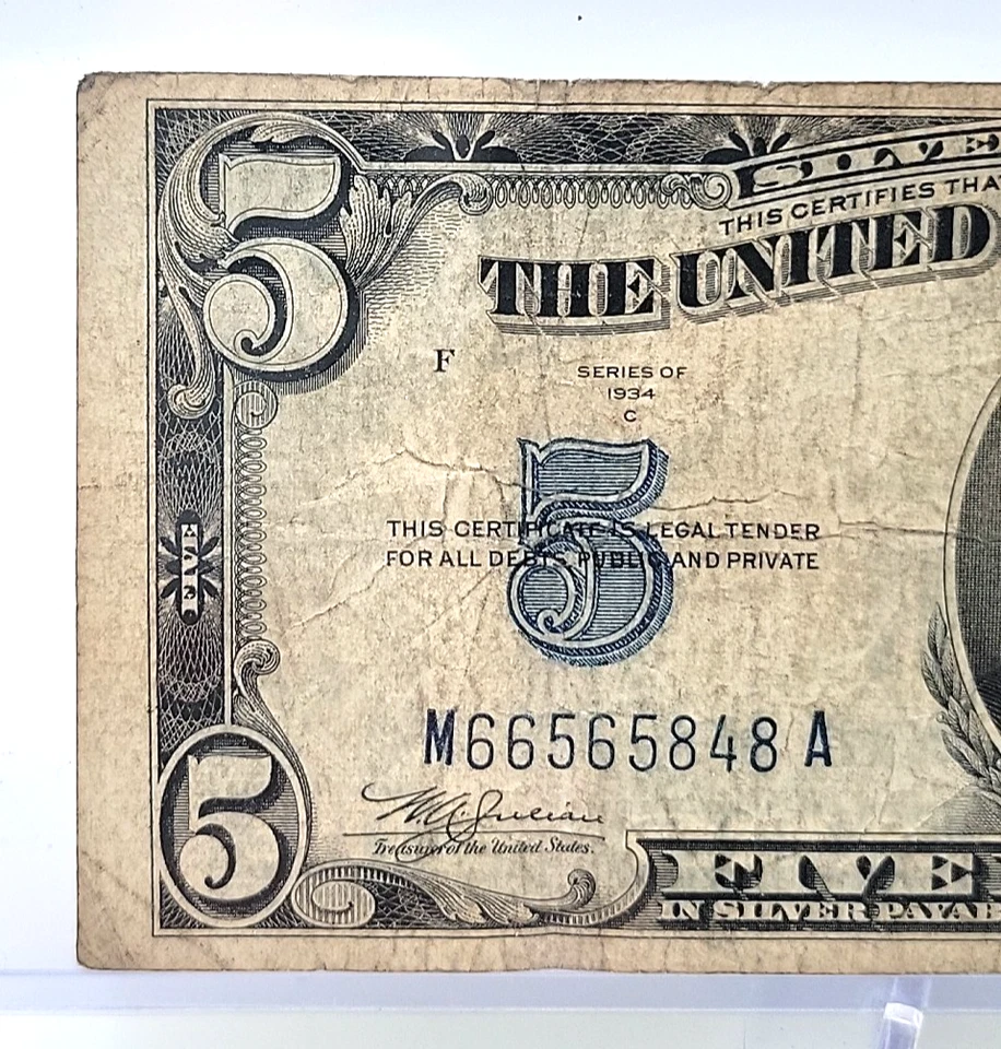 1934 C $5 Silver Certificate Blue Seal Note Lot. H65 - Image 2 of 4