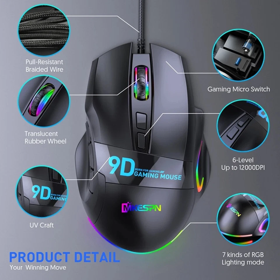 12000 DPI RGB Gaming Mouse Wired 9D Macro Programmable Ergonomic LED USB PC | UK - Image 4 of 4