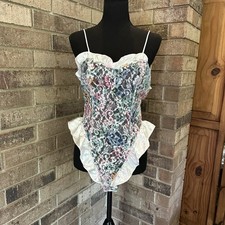 80s VTG Victoria's Secret Gold Label Floral Lace Teddy Bodysuit Ruffle Size L