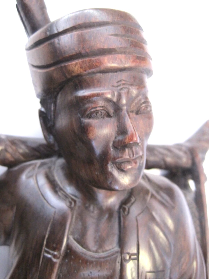 Hand Caved Wooden Statue Original Asia Man Black Teak Wood 17.5" Large - Image 4 of 4