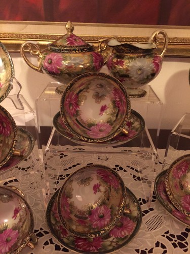 15 PC HAND PAINTED SETO JAPANESE PORCELAIN FLORAL GOLD ENCRUSTED BEADED TEA SET - Picture 5 of 12