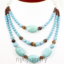 Blue Magnesite Turquoise Natural Tigereye 3 strands Huge Bib statement Necklace