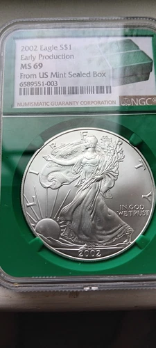 2002 MS69 EARLY PRODUCTION AMERICAN SILVER EAGLE (ASE) NGC STRUCK IN 2001
