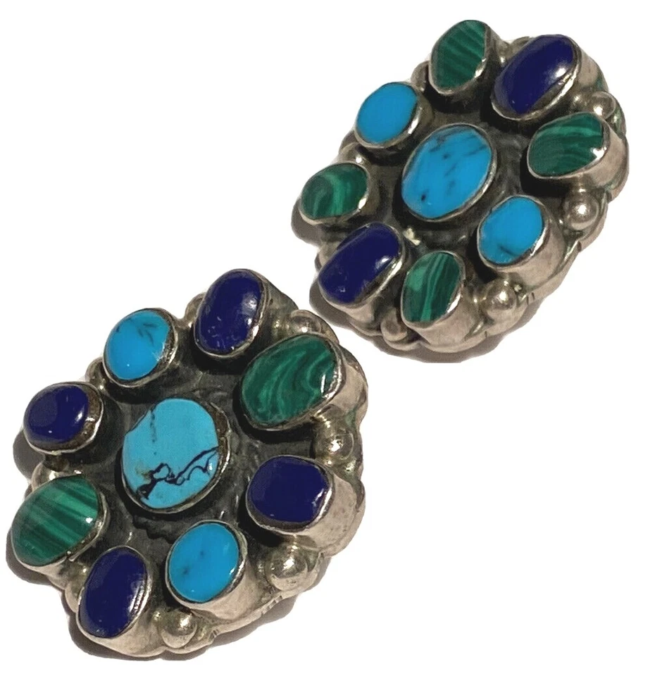 PENDIENTES GRUESOS VINTAGE DE PIEDRA SEMIPRECIOSA DE PLATA ESTERLINA ARTESANAL DE ESTUDIO 24G Foto 4 de 4