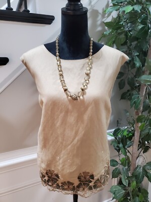 Today's Trend Women's Beige Floral Ramie Round Neck Sleeveless Top Blouse 22
