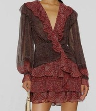 $695 Ulla Johnson Women's Red Long-Sleeve Sara Ruffled Mini Dress Size 6
