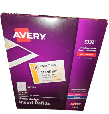 Avery 5392 Laser Inkjet Printable Name Badge Insert Refills 300 Inserts ...